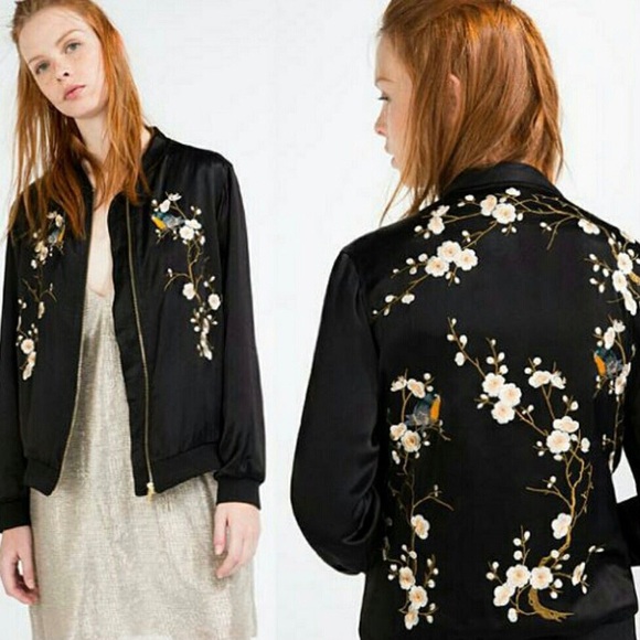 Zara | Floral Embroidered Satin Bomber Jacket - Picture 4 of 13